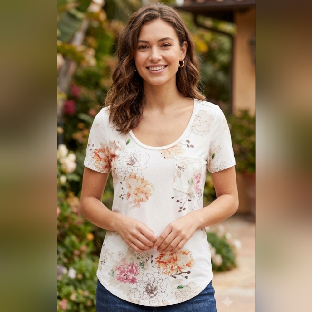 Aritzia Babaton Floral Cotton Modal Short Sleeve Scoop Neck Pocket Tee - Size S